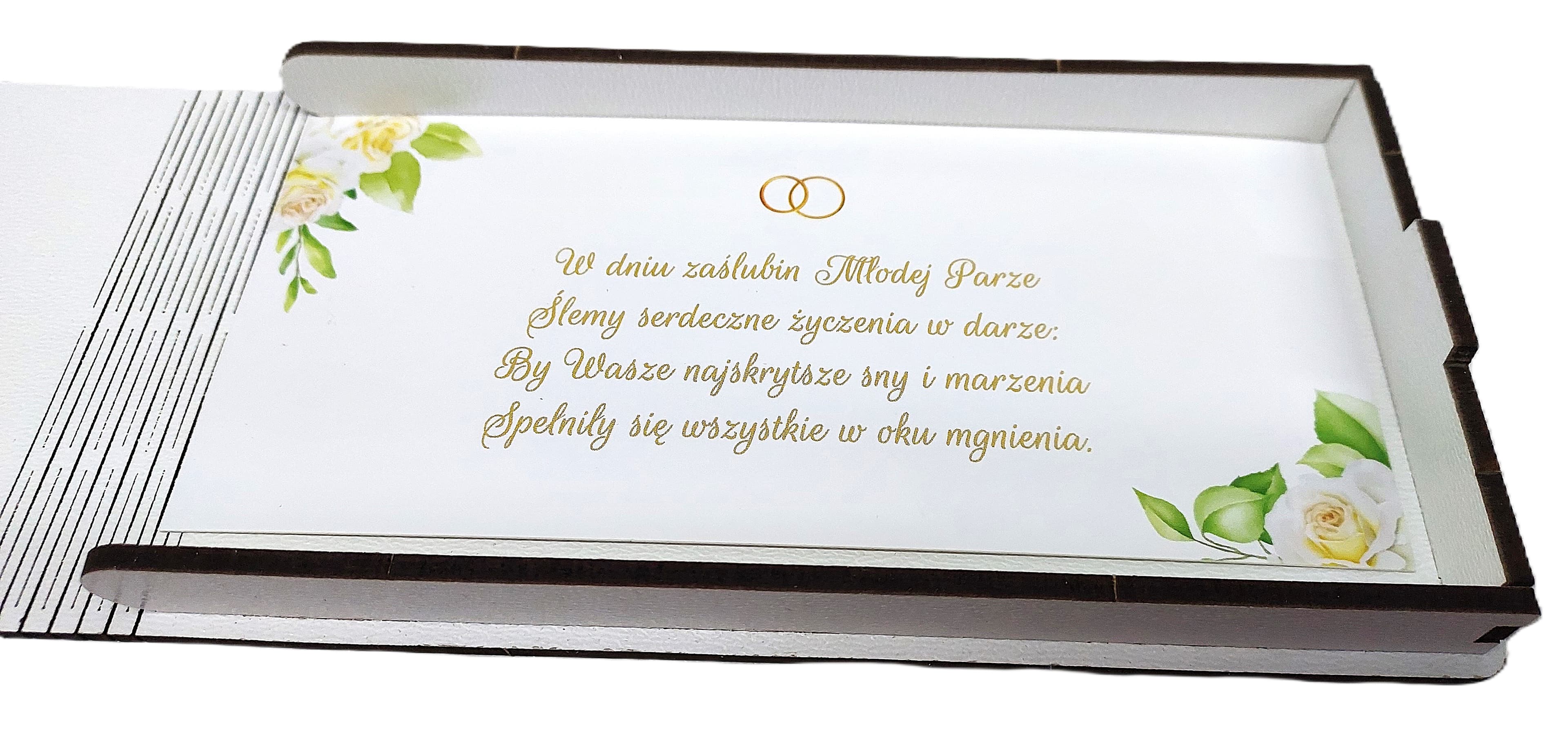 Pudełko drewniane na pieniądze kremowa róża ślub