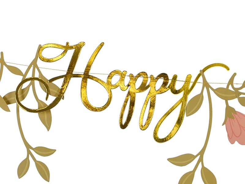 Baner Happy Birthday Kwiaty, różowo-złoty, 1.3m