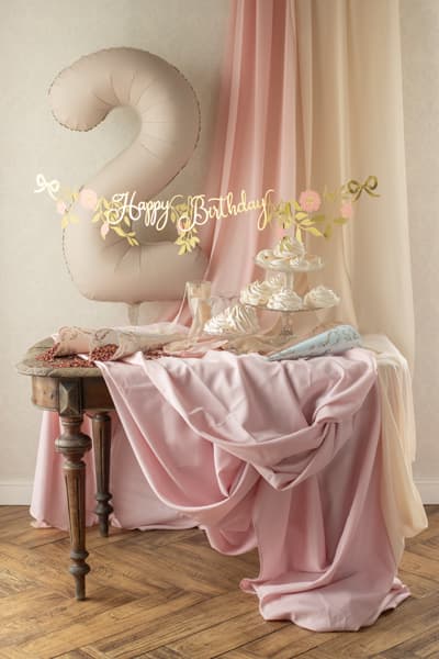 Baner Happy Birthday Kwiaty, różowo-złoty, 1.3m