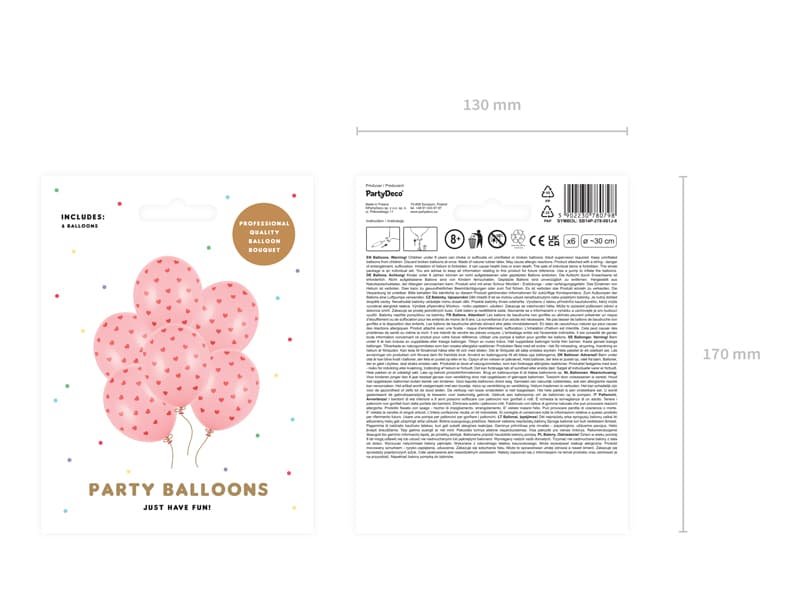 Balony 30 cm, Różowe w czerwone serca, pastel pink