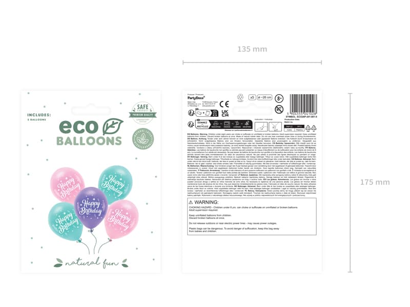 Balony Eco 26 cm, Happy Birthday, różowy