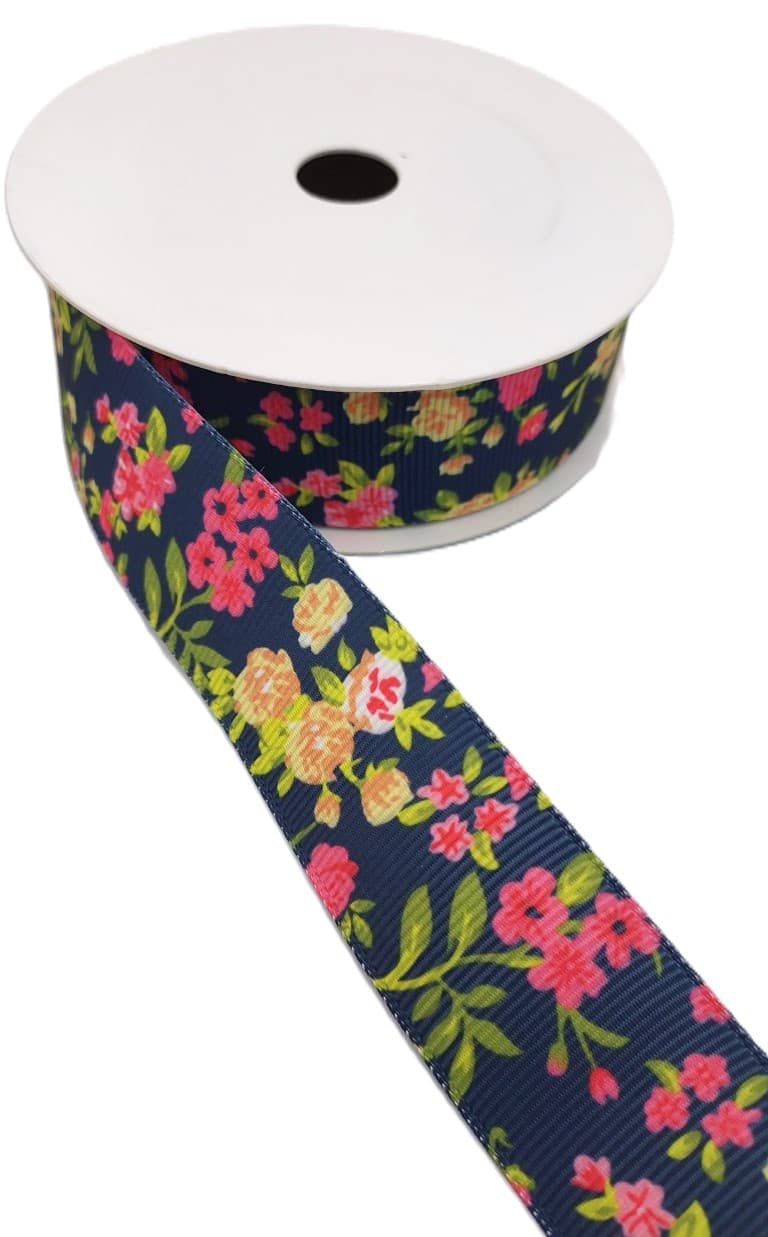 Wstążka rypsowa w kwiatki, 25mm/9,1mb, model 07