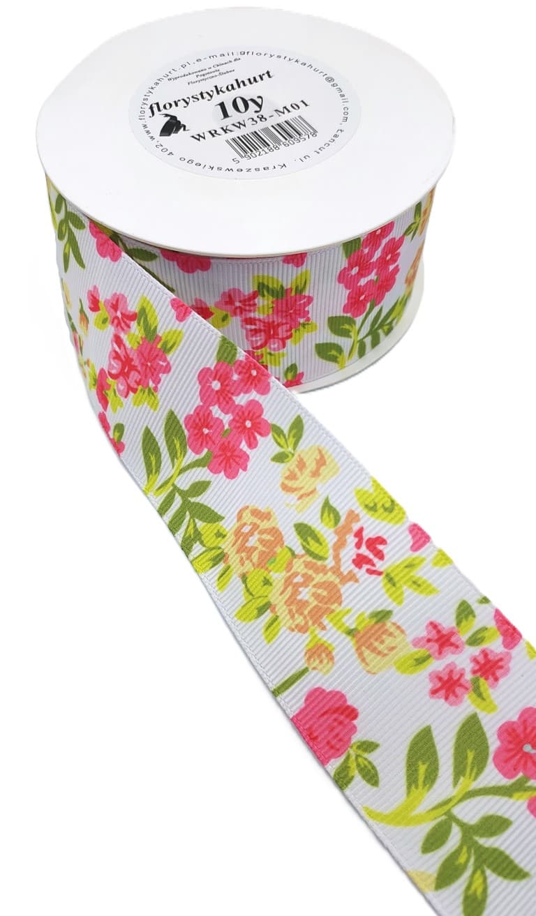 Wstążka rypsowa w kwiatki, 38mm/9,1mb, model 01