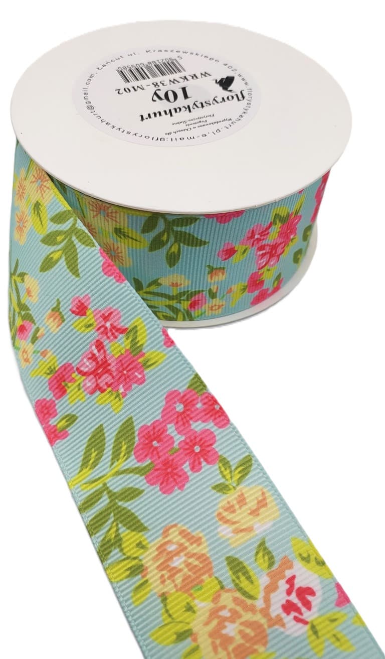 Wstążka rypsowa w kwiatki, 38mm/9,1mb, model 02
