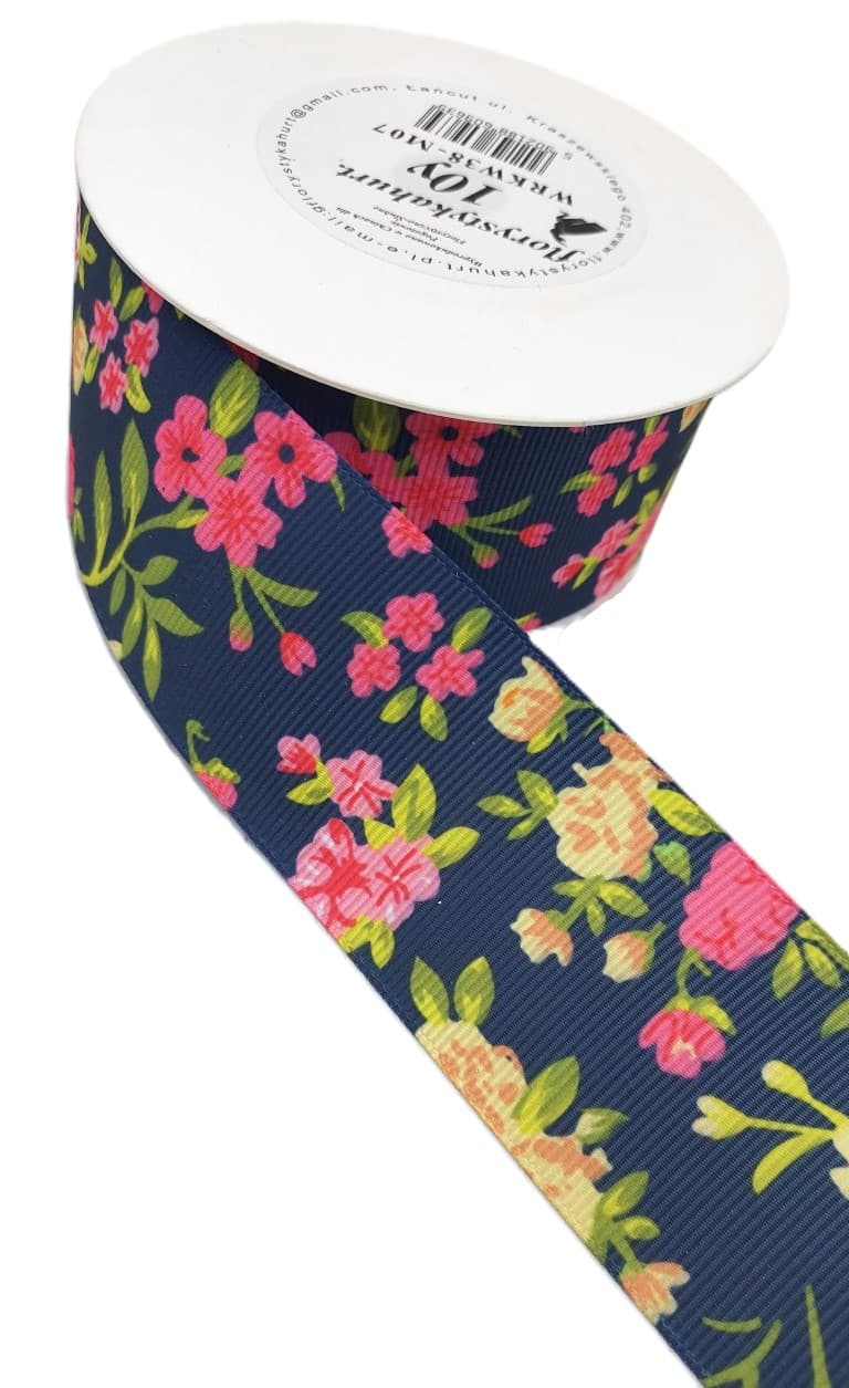 Wstążka rypsowa w kwiatki, 38mm/9,1mb, model 07