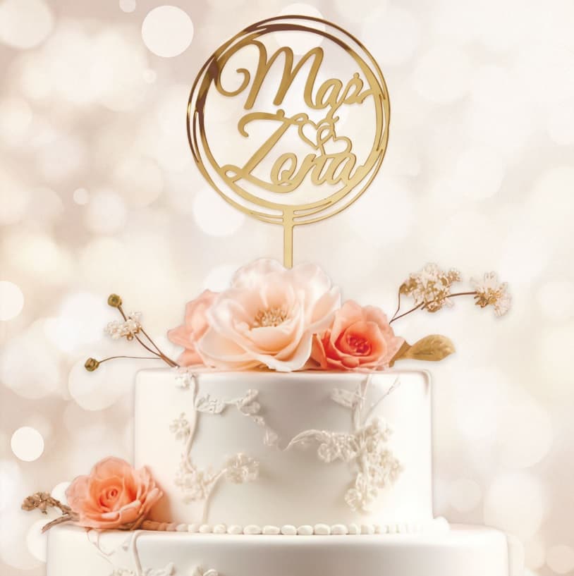 Złoty topper na tort "Mąż Żona" - lustrzany
