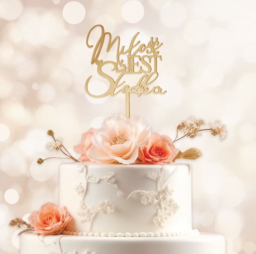 Złoty topper na tort-Miłość jest słodka lustrzany