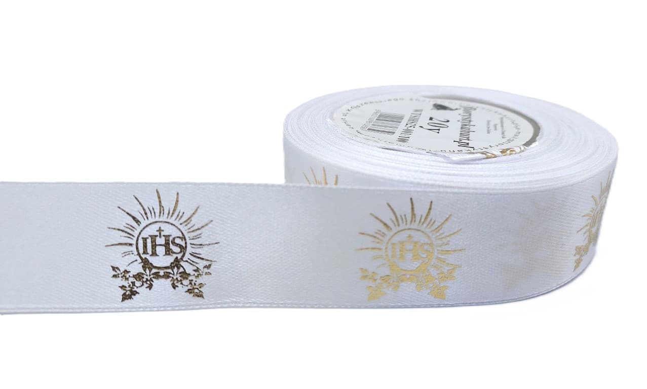 Wstążka satynowa IHS laser, 25mm/18mb biała/złoto