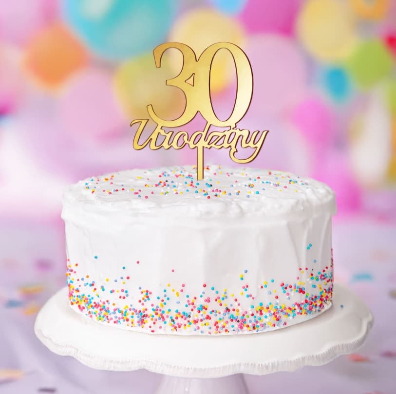 Złoty topper na tort 30 Urodziny - lustrzany