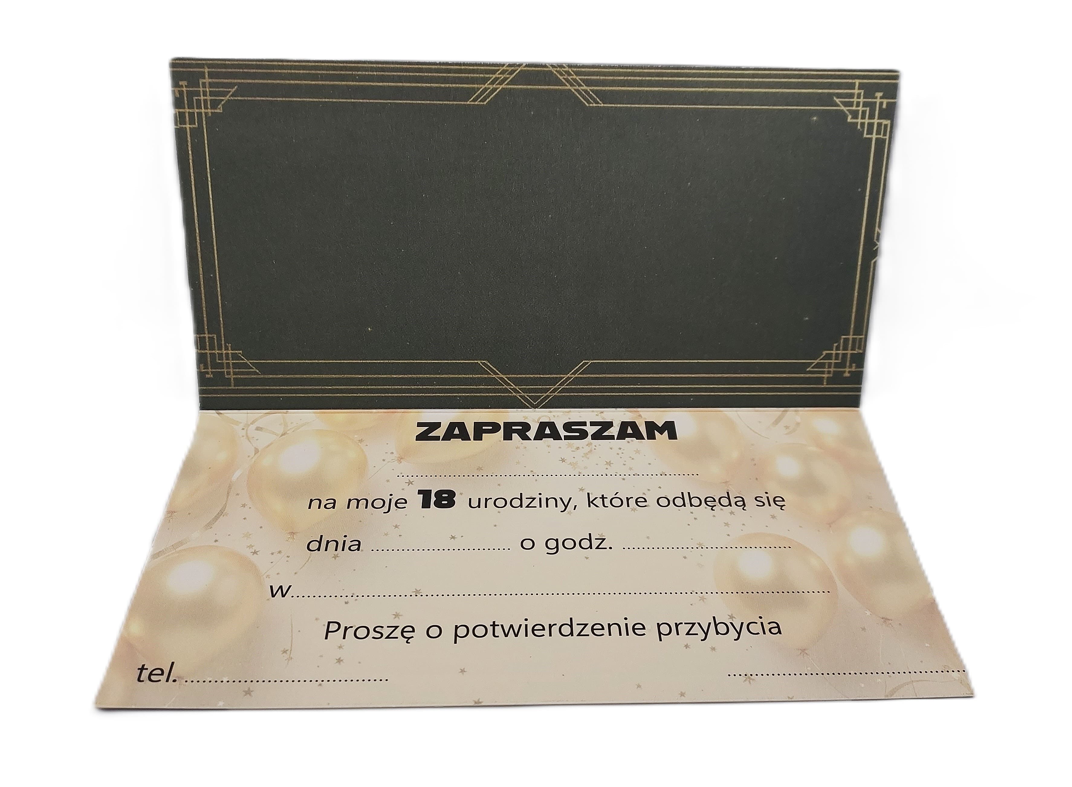 Zaproszenie 18 urodziny CZARNE podłużne, 1 szt. 