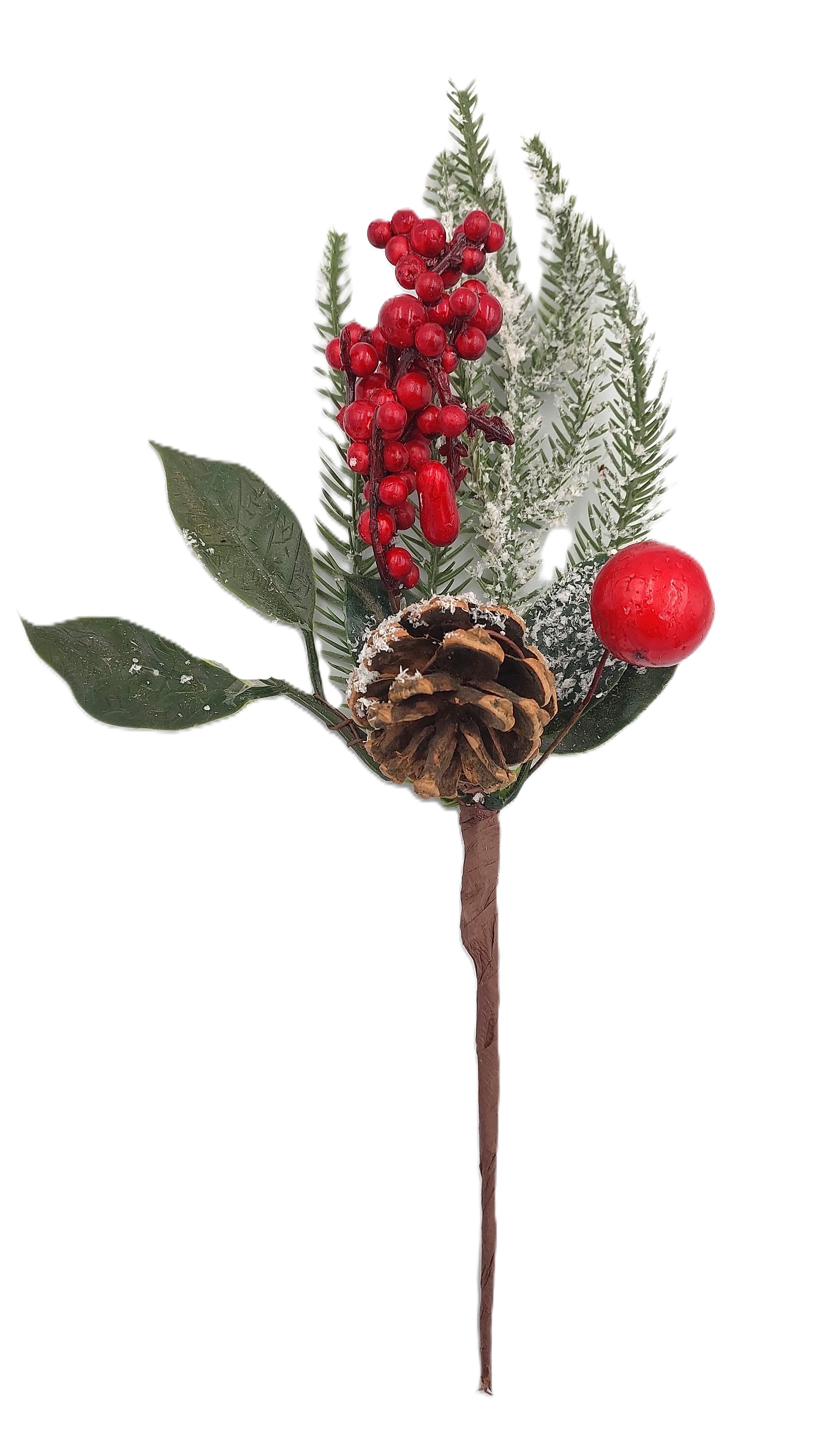 Sztuczna gałązka choinki z szyszką+jarzębina 31cm