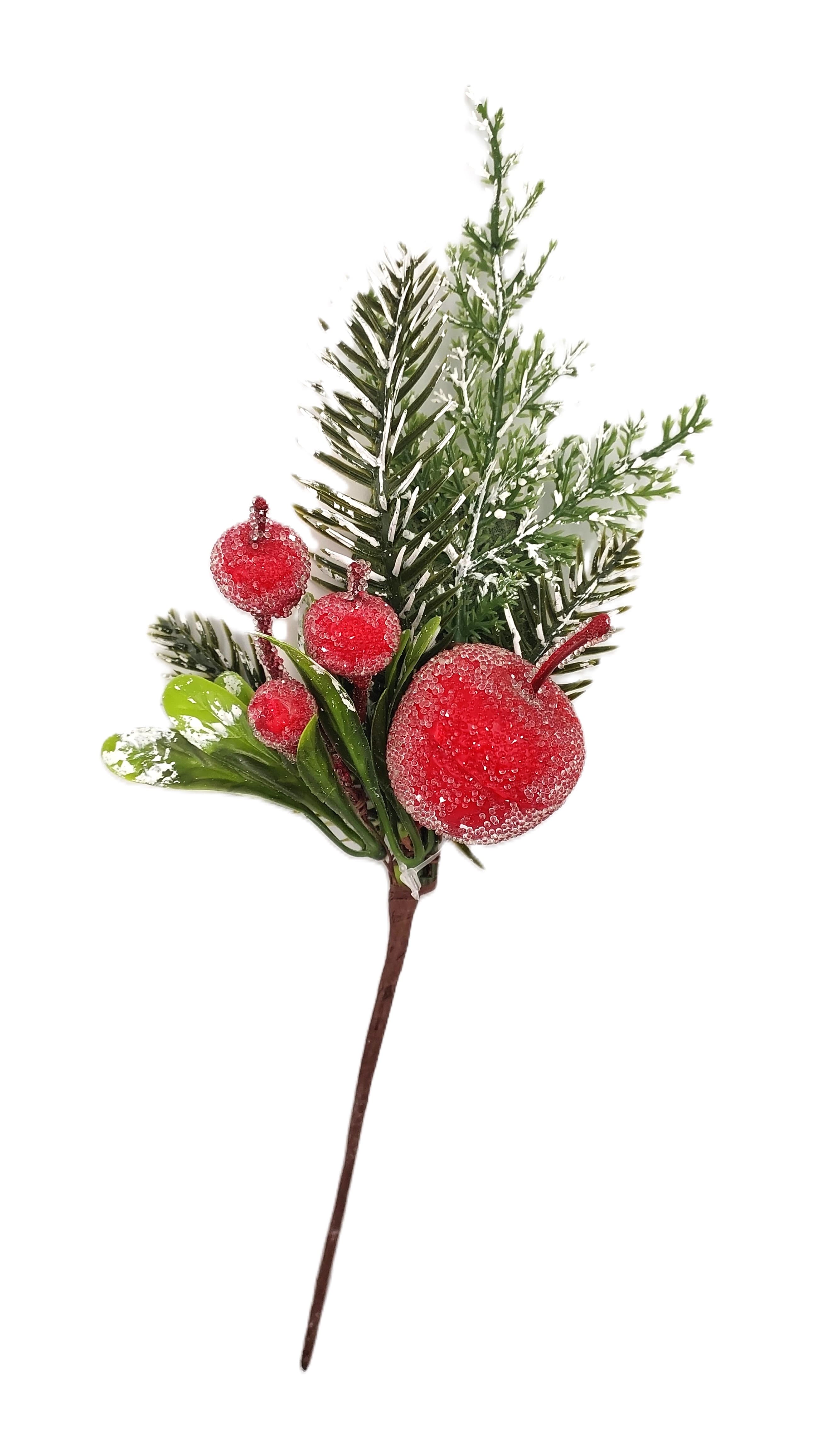 Sztuczna gałązka choinki - ośnieżone jabłka 30 cm