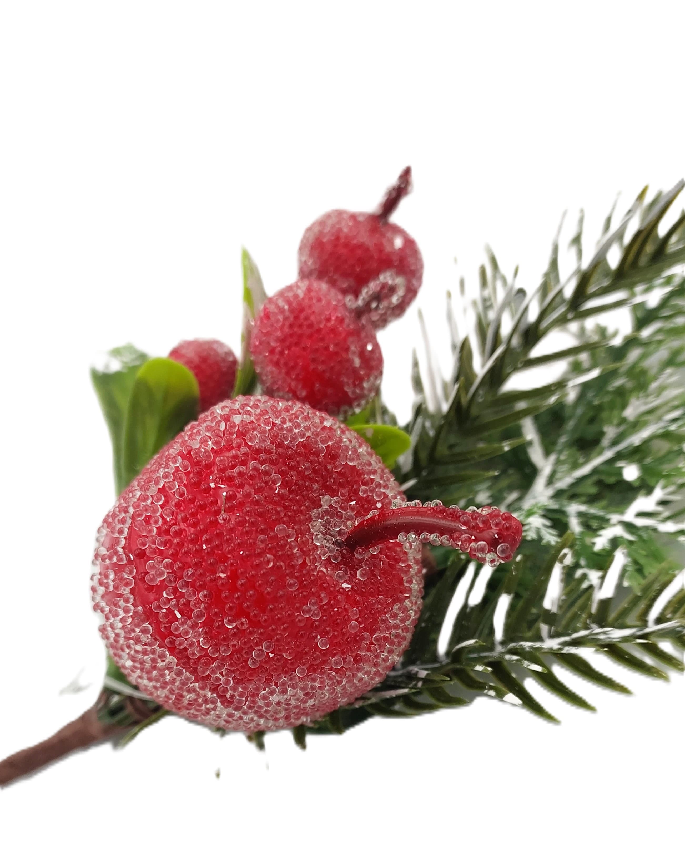 Sztuczna gałązka choinki - ośnieżone jabłka 30 cm