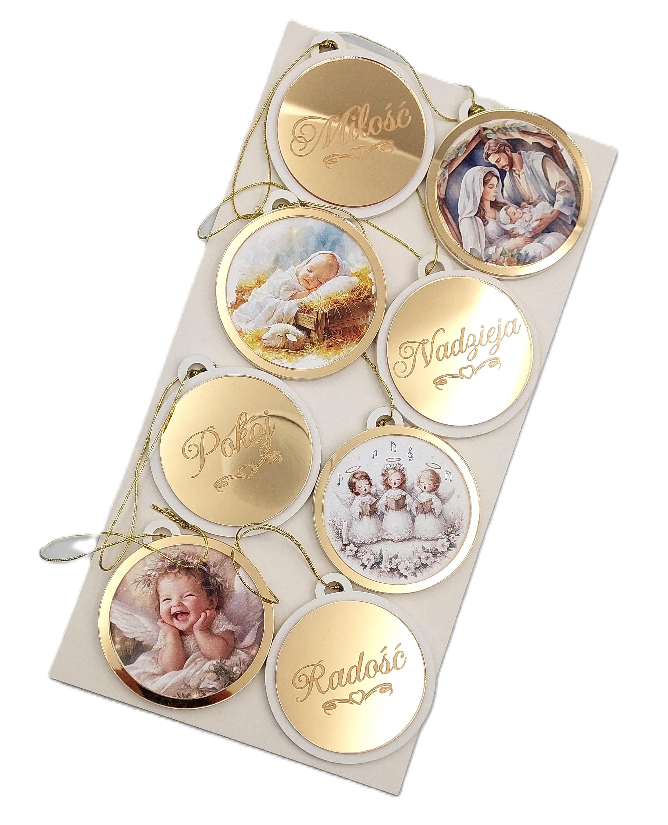 Bombki drewniane płaskie - lustrzane 8 szt.