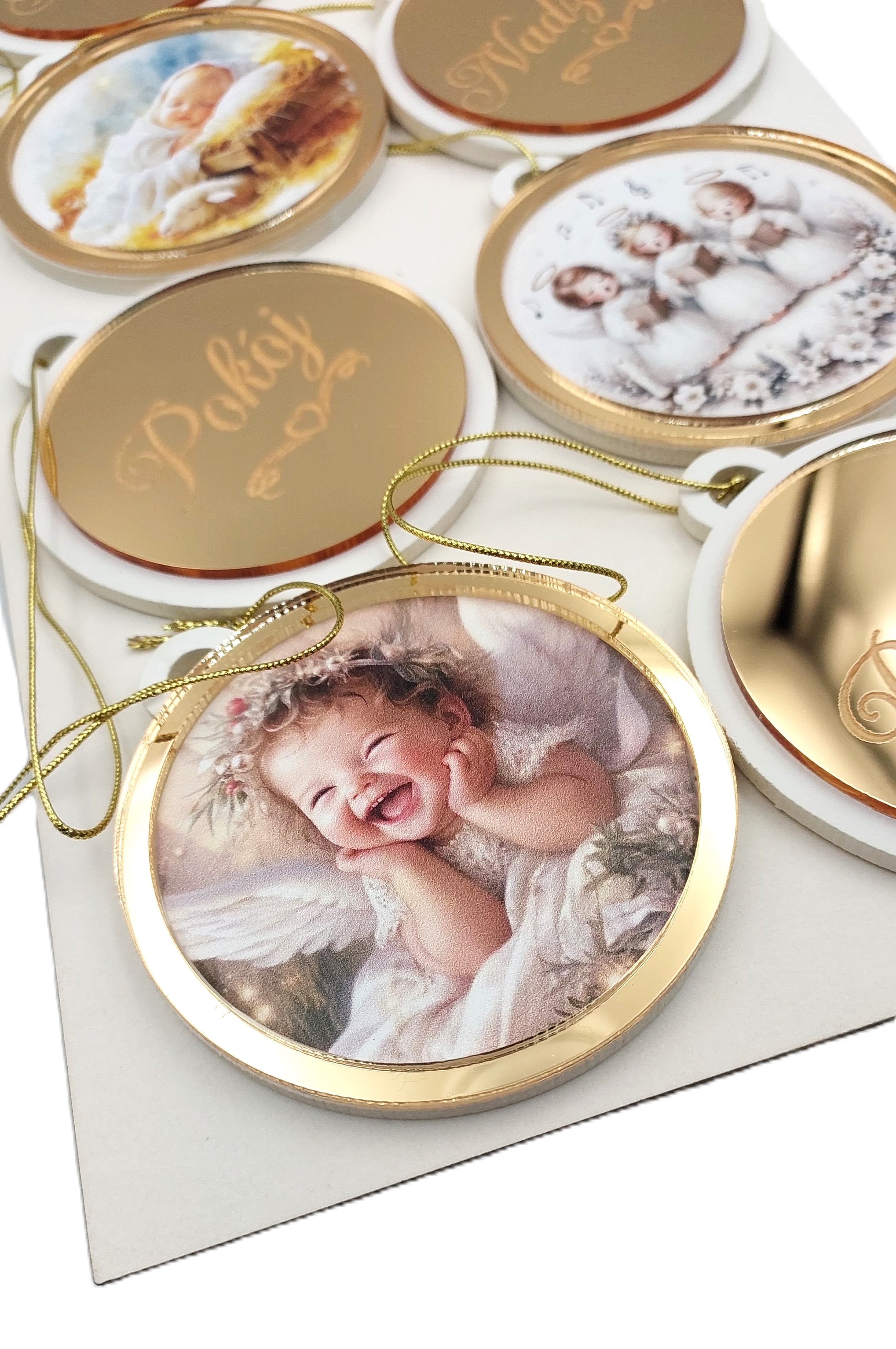 Bombki drewniane płaskie - lustrzane 8 szt.