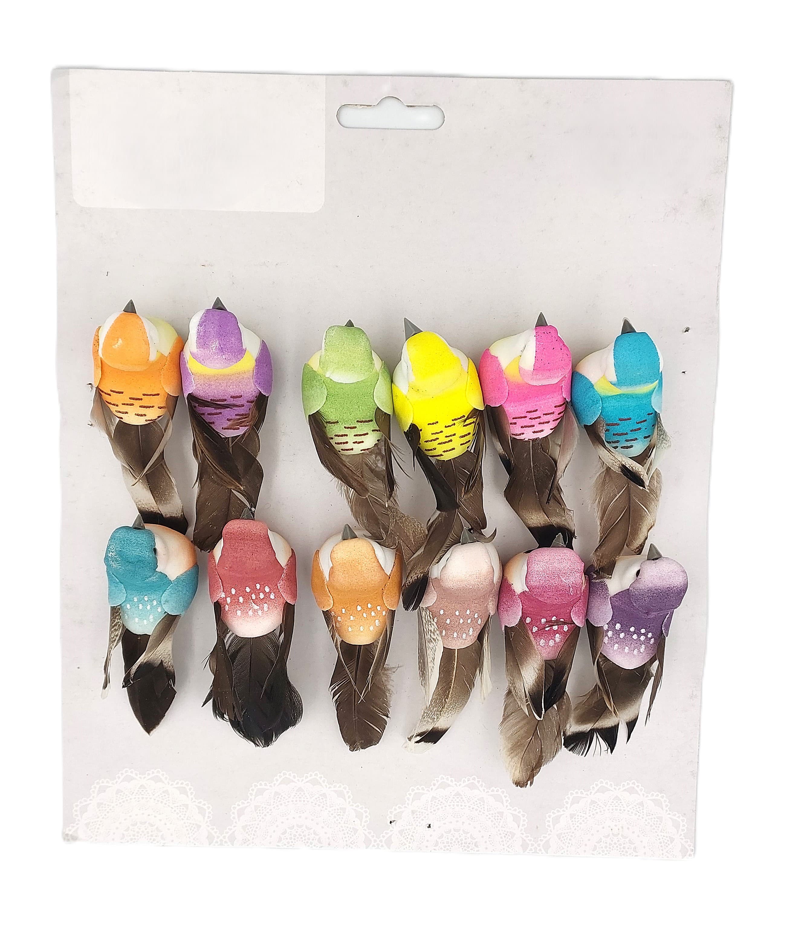 Ptaki kolorowe średnie na klipsie, 7,5x2,5/12 szt