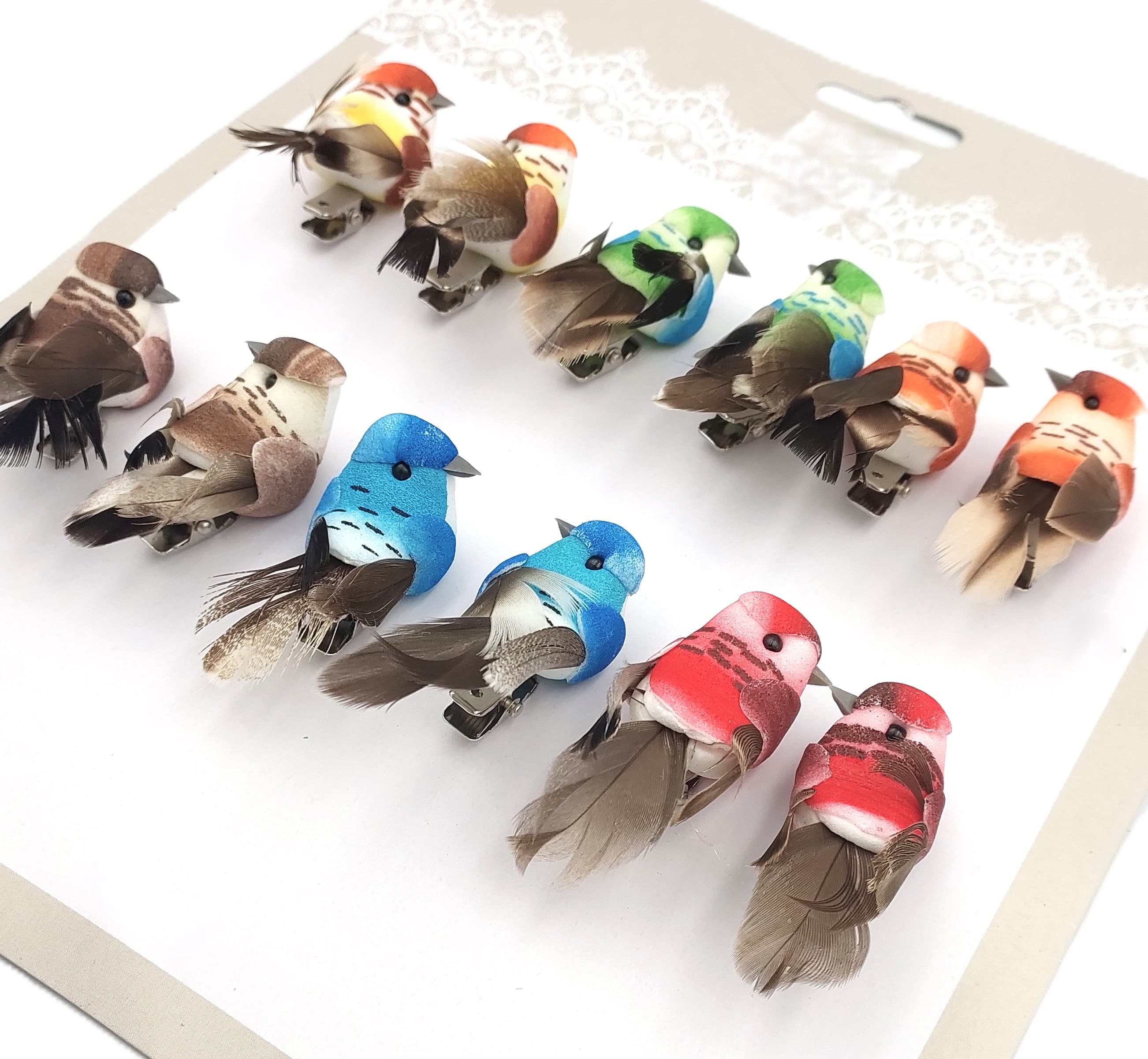 Ptaki kolorowe duże na klipsie, 5x2cm/12 szt.