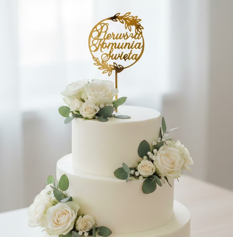 Złoty topper Piersza Komunia Święta - okrągły