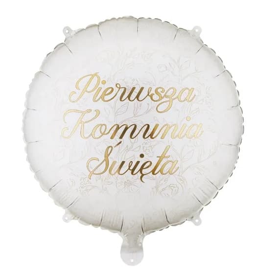 Balon z różowym nadrukiem "Pierwsza Komunia"