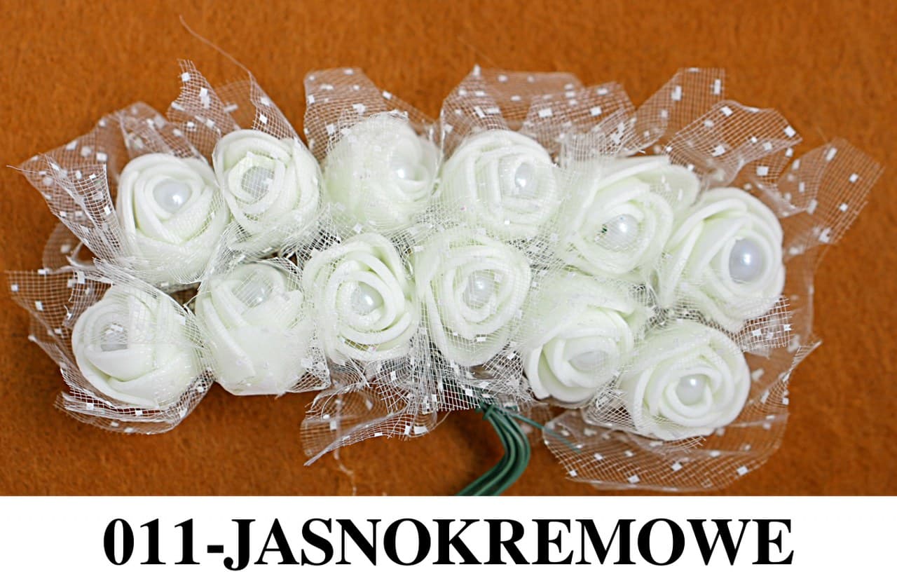 Piankowe kwiaty+perła+tiul, śr.2cm/12szt, j.krem