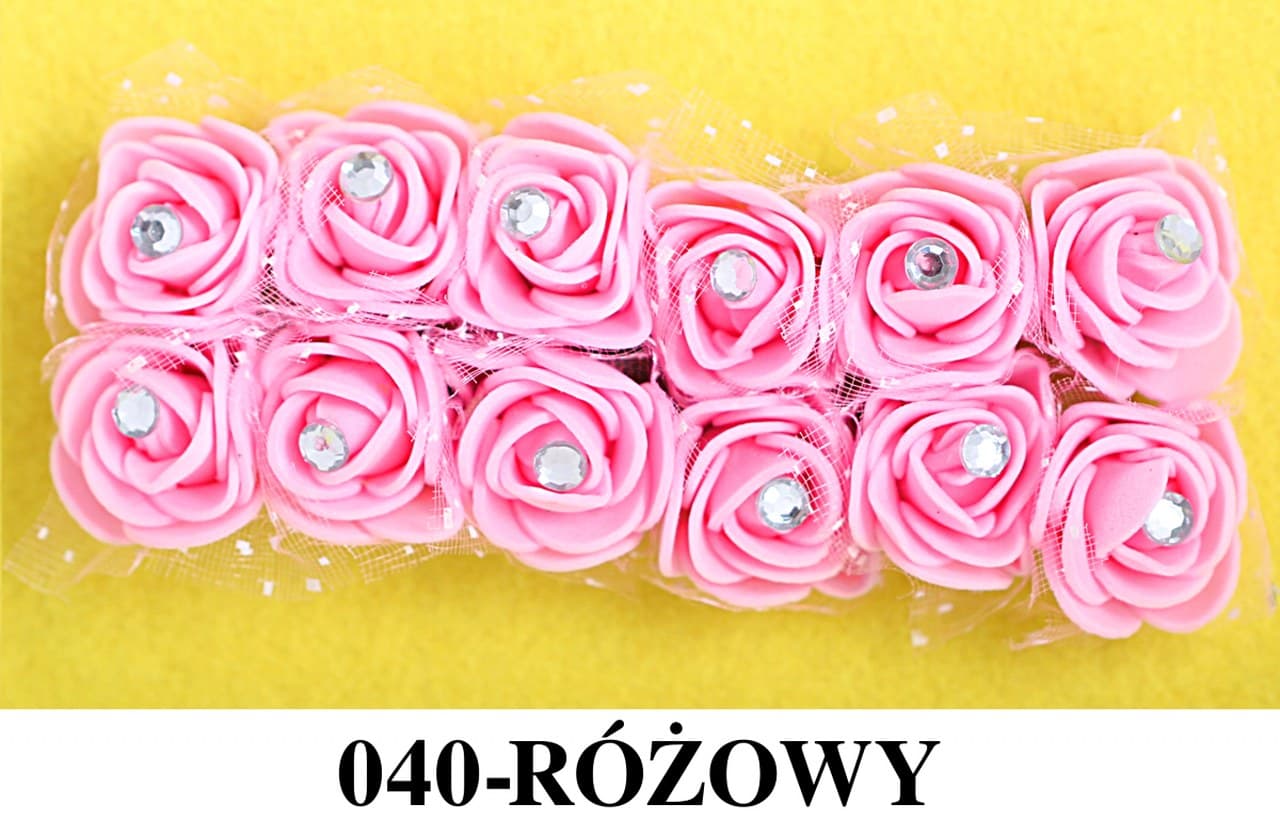 Piankowe kwiaty+diament+tiul śr2,5cm/12szt, różowe