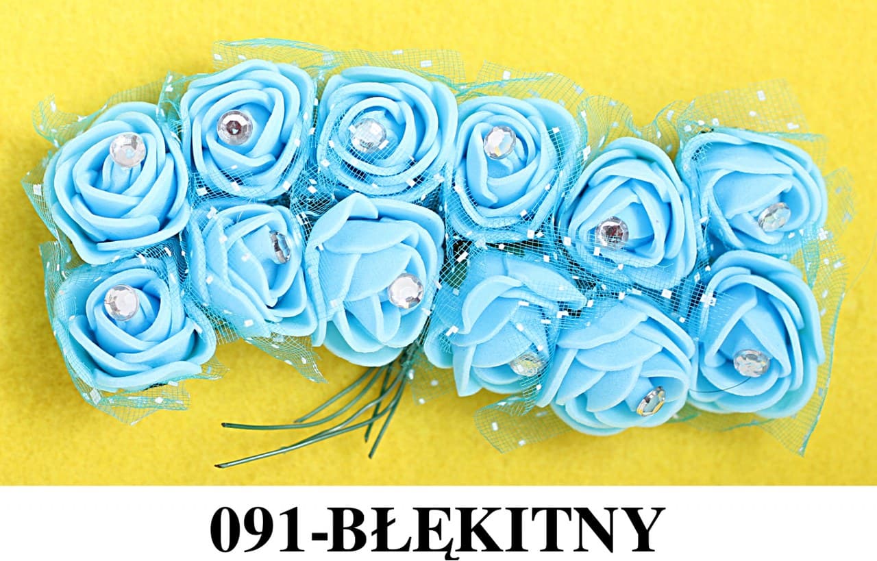Piankowe kwiaty+diament+tiul 2,5cm/12szt, błękitne