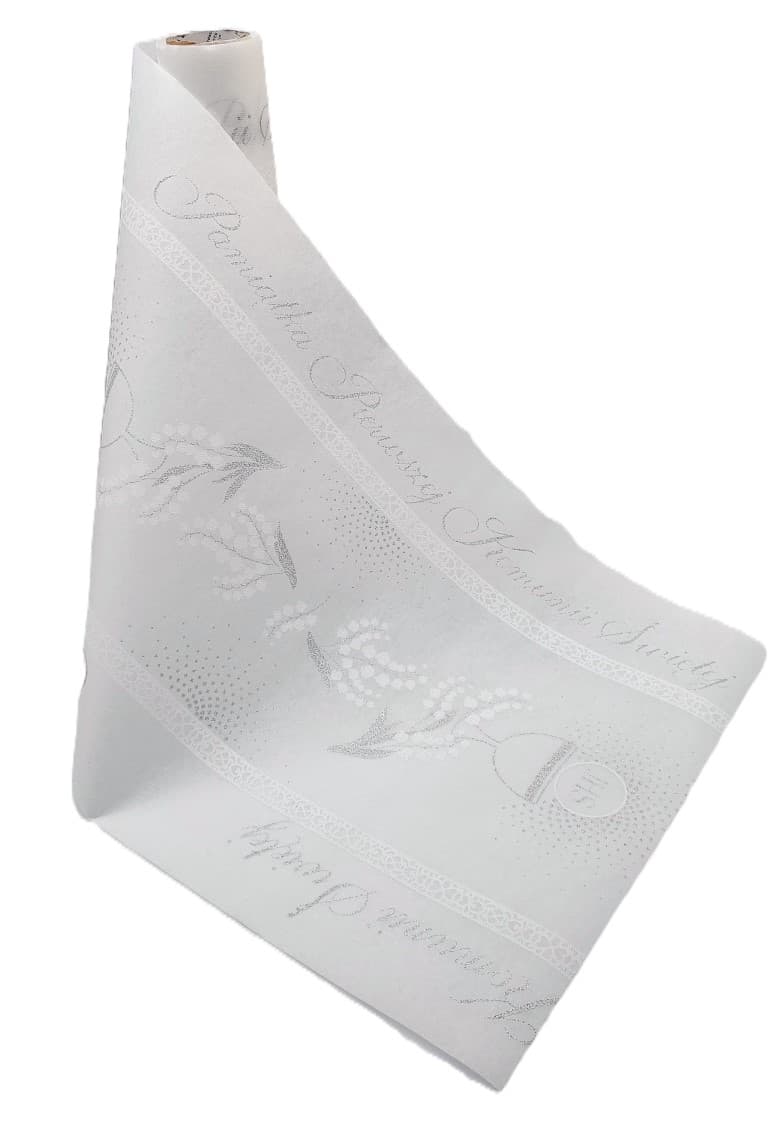 Bieżnik obrus IHS na komunię, 35cm/5mb, srebrzony