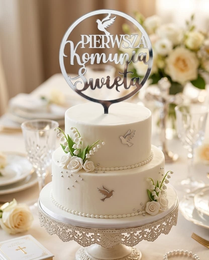 Srebrny topper Piersza Komunia Święta - okrągły