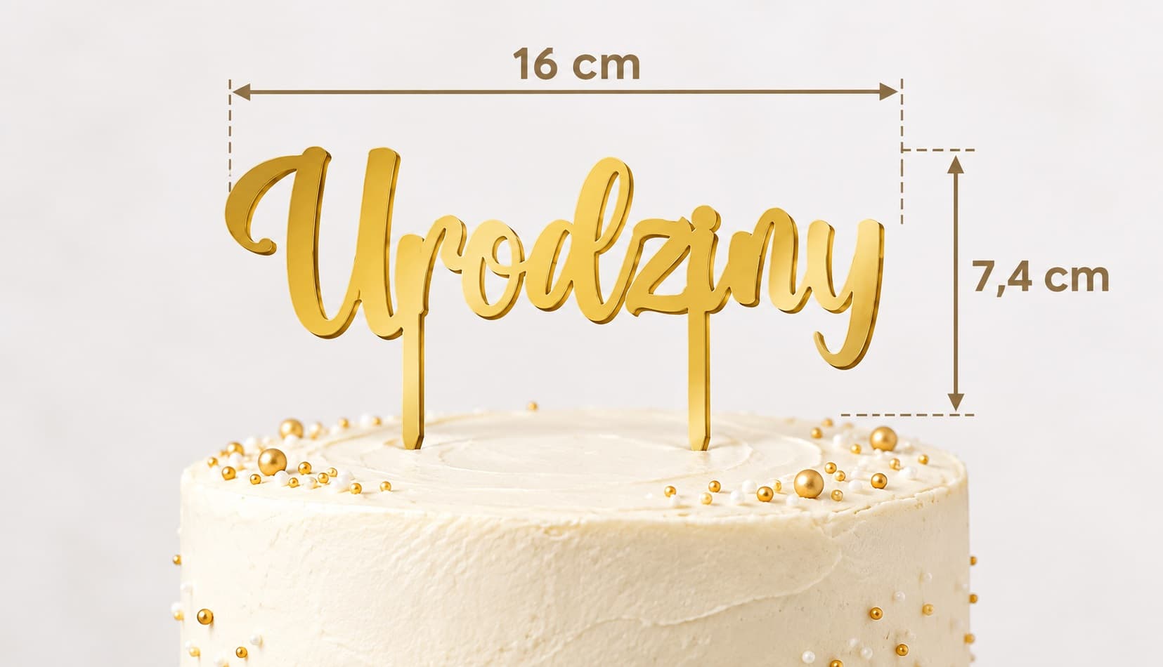 Złoty topper poziomy napis URODZINY 16x7,4cm