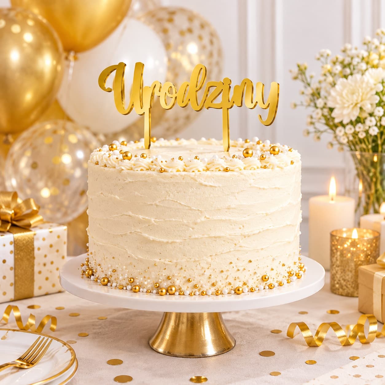 Złoty topper poziomy napis URODZINY 16x7,4cm
