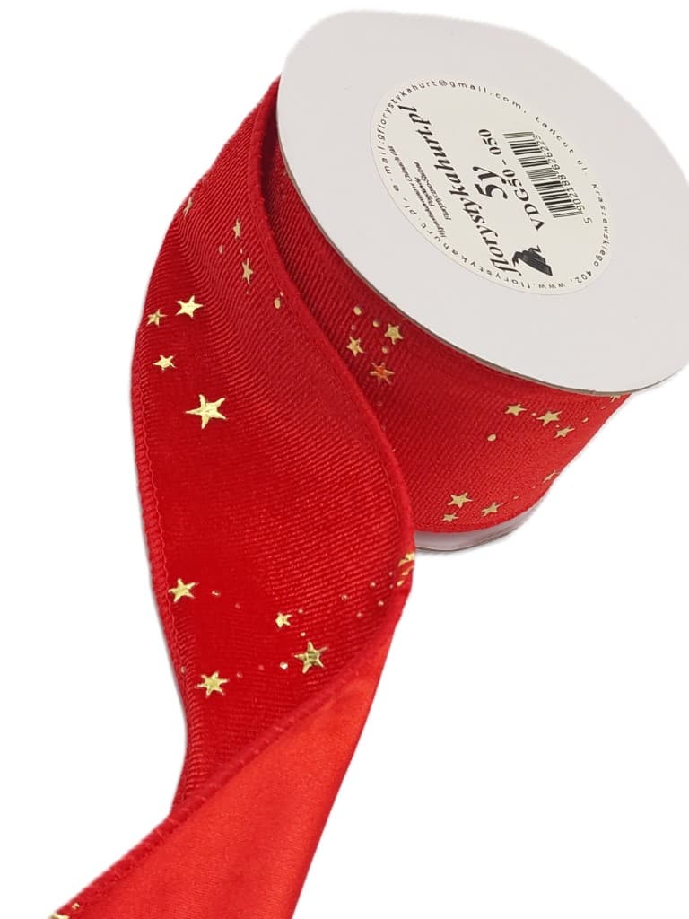 Wstążka z drutem VELVET GWIAZDKI 50mm/5y, czerwona