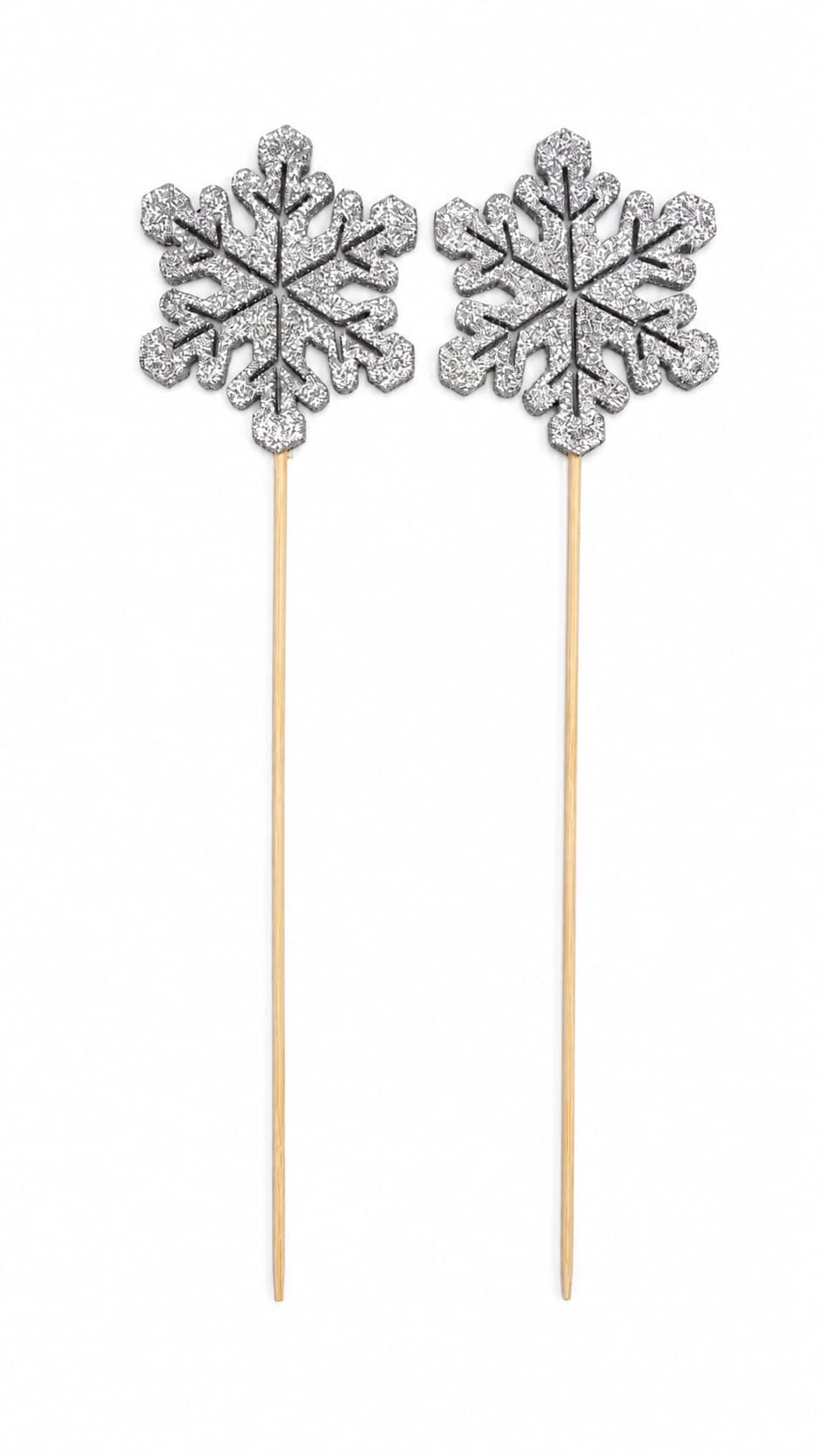 Drewniane ŚNIEŻYNKI brokatowe 8x8cm 2szt SILVER