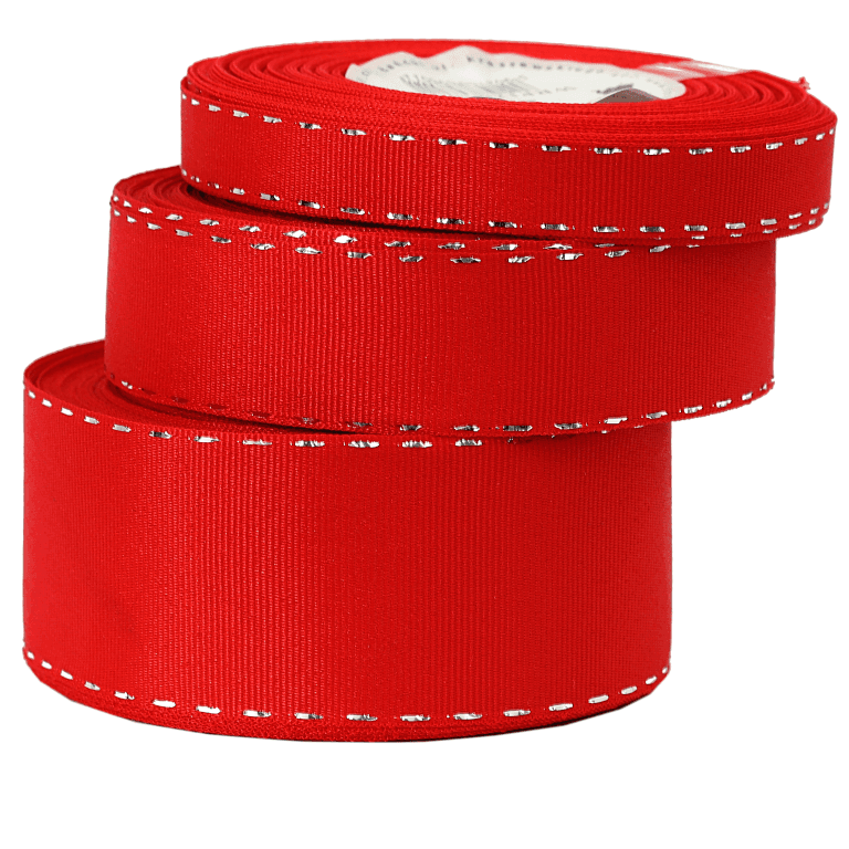 Wstążka rypsowa w srebrne prążki 25mm/18m czerwona